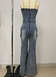 Fashionable Casual Tube-Top Ripped Wide-Leg Denim Jumpsuit