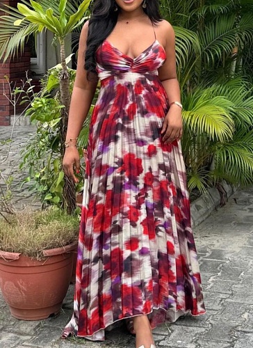 Women'S Printed Pleated Suspender Loose Sexy Dress