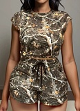 Fashionable And Casual Elastic Waist Top With Tree Branch Print Shorts Two-Piece Set