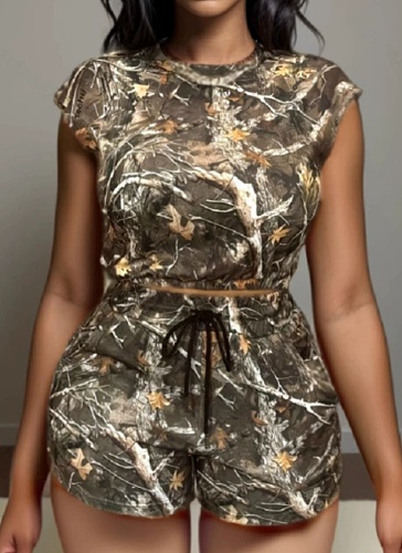 Fashionable And Casual Elastic Waist Top With Tree Branch Print Shorts Two-Piece Set