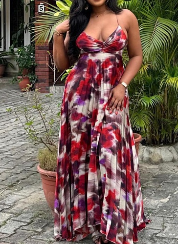 Women'S Printed Pleated Suspender Loose Sexy Dress