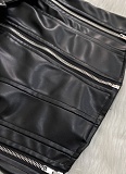 PU Leather Stitching Zipper Lapel Punk Style Sexy Tube Top Slim Fit Top