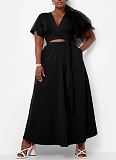 Solid Color Trumpet Sleeve V-Neck Lace-Up Top Loose Long Skirt Two-Piece Suit