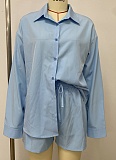 New Solid Color Single-Breasted Long-Sleeved Shirt Drawstring Shorts Two-Piece Set