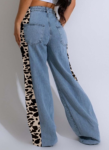 Fashionable Leopard Print Straight Washed Denim Pants