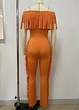 Summer New Style One-Line Collar Short Sleeve Tassel Jumpsuit