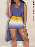 Fashion Sleeveless Vest Gradient Shorts Cardigan Long Coat Three-Piece Suit