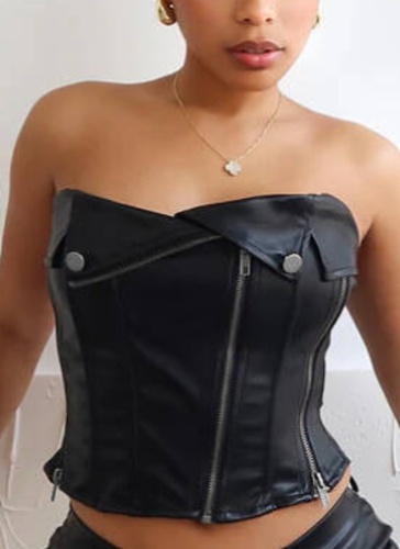 PU Leather Stitching Zipper Lapel Punk Style Sexy Tube Top Slim Fit Top
