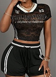 Summer V-Neck Hot Girl Short-Sleeved Top Slim Shorts Contrast Color Two-Piece Suit
