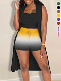 Fashion Sleeveless Vest Gradient Shorts Cardigan Long Coat Three-Piece Suit