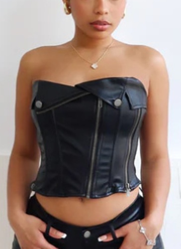 PU Leather Stitching Zipper Lapel Punk Style Sexy Tube Top Slim Fit Top