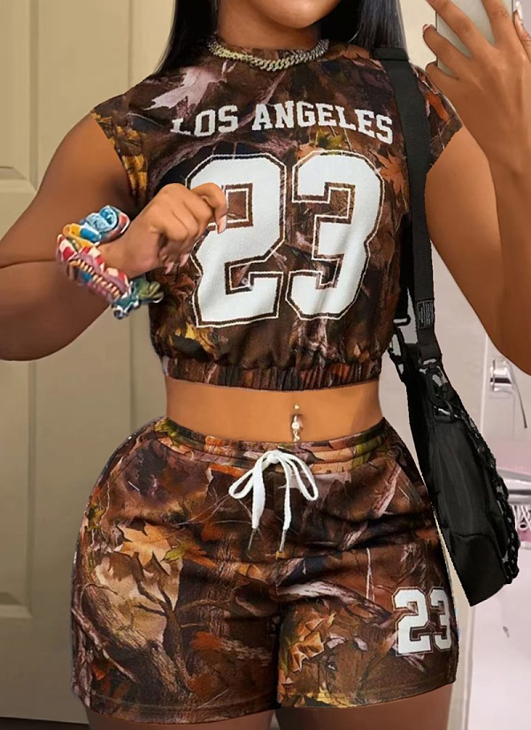 Fashionable And Casual Elastic Waist Top With Tree Branch Print Shorts Two-Piece Set