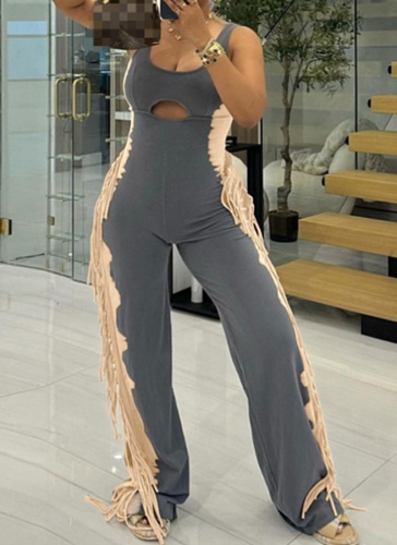 Fashionable Contrast Color Personalized Tassel Casual Jumpsuit For Women