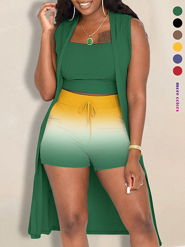 Fashion Sleeveless Vest Gradient Shorts Cardigan Long Coat Three-Piece Suit