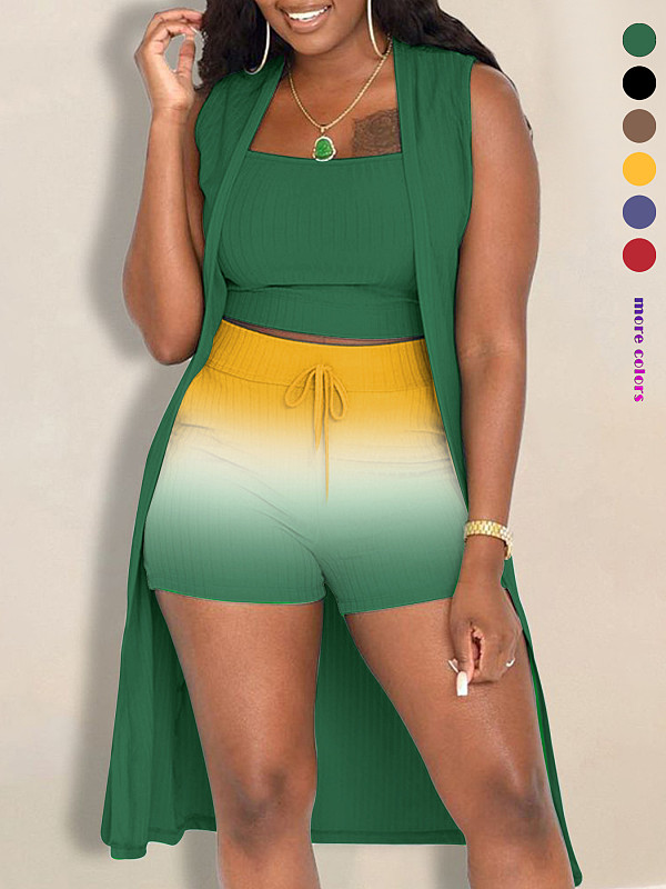 Fashion Sleeveless Vest Gradient Shorts Cardigan Long Coat Three-Piece Suit