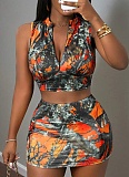 New Style Branch Print Fashionable Vest Skirt Two Piece Set