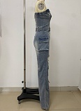 Fashionable Casual Tube-Top Ripped Wide-Leg Denim Jumpsuit