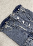 Fashionable Casual Tube-Top Ripped Wide-Leg Denim Jumpsuit