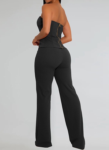 Fashion Women'S Sexy Tube Top Gold Button Vest Wide Leg Trousers Two Piece Suit