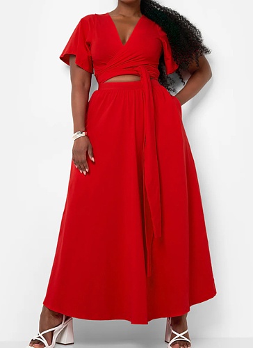 Solid Color Trumpet Sleeve V-Neck Lace-Up Top Loose Long Skirt Two-Piece Suit
