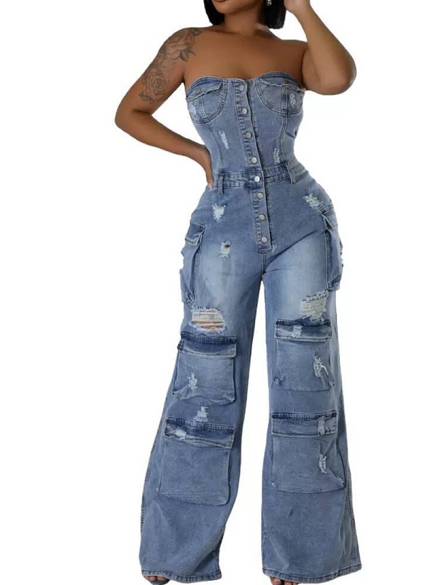 Fashionable Casual Tube-Top Ripped Wide-Leg Denim Jumpsuit