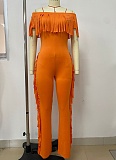 Summer New Style One-Line Collar Short Sleeve Tassel Jumpsuit