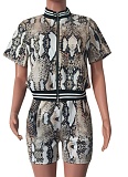 Summer Snake Print Ribbed Cardigan + Shorts Casual Two-Piece Set