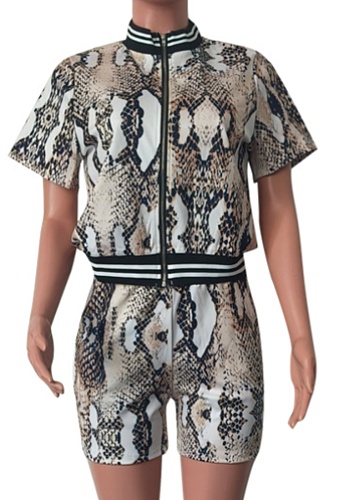 Summer Snake Print Ribbed Cardigan + Shorts Casual Two-Piece Set