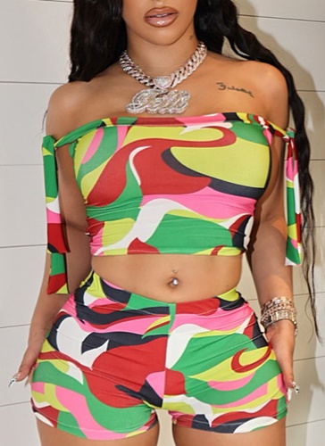Colorful Printed One-Shoulder Tie-Up Navel-Baring Top High-Waisted Shorts Two-Piece Set