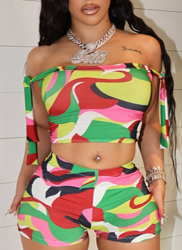 Colorful Printed One-Shoulder Tie-Up Navel-Baring Top High-Waisted Shorts Two-Piece Set