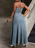 Fashionable And Elegant Single-Breasted Suspender Denim Dress For Women