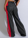 Fashion Denim Patchwork Striped Contrast Color Casual Stretch Straight Pants