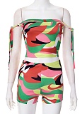 Colorful Printed One-Shoulder Tie-Up Navel-Baring Top High-Waisted Shorts Two-Piece Set