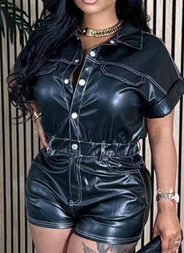 Casual PU Single-Breasted Solid Color Jumpsuit For Women