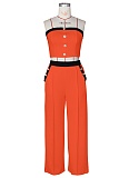 Sexy Color Matching Wrap Chest Vest Straight High Waist Wide Leg Trousers Two Piece Suit For Women