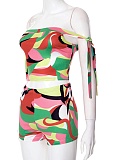 Colorful Printed One-Shoulder Tie-Up Navel-Baring Top High-Waisted Shorts Two-Piece Set