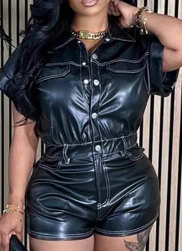 Casual PU Single-Breasted Solid Color Jumpsuit For Women