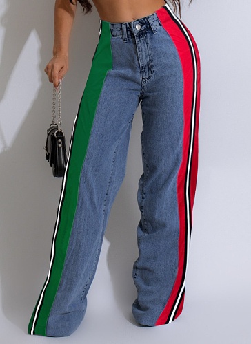 Fashion Denim Patchwork Striped Contrast Color Casual Stretch Straight Pants