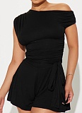 Spring and Summer Off-shoulder Bow Waist Short Jumpsuit