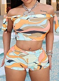 Colorful Printed One-Shoulder Tie-Up Navel-Baring Top High-Waisted Shorts Two-Piece Set
