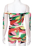 Colorful Printed One-Shoulder Tie-Up Navel-Baring Top High-Waisted Shorts Two-Piece Set