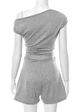 Spring and Summer Off-shoulder Bow Waist Short Jumpsuit