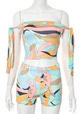 Colorful Printed One-Shoulder Tie-Up Navel-Baring Top High-Waisted Shorts Two-Piece Set