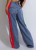 Fashion Denim Patchwork Striped Contrast Color Casual Stretch Straight Pants