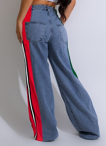 Fashion Denim Patchwork Striped Contrast Color Casual Stretch Straight Pants