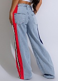 Fashion Denim Patchwork Striped Contrast Color Casual Stretch Straight Pants