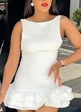 Slim Fit Personality Pleated Sleeveless Round Neck Solid Color Dress