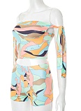 Colorful Printed One-Shoulder Tie-Up Navel-Baring Top High-Waisted Shorts Two-Piece Set