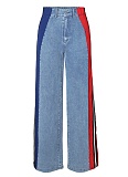 Fashion Denim Patchwork Striped Contrast Color Casual Stretch Straight Pants