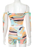 Colorful Printed One-Shoulder Tie-Up Navel-Baring Top High-Waisted Shorts Two-Piece Set